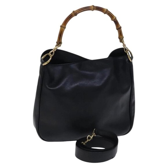 GUCCI Bamboo Hand Bag Leather 2way Black Gold - Picture 1 of 16